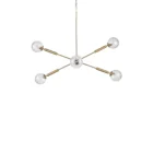 Modern chandelier with six hammered glass globe bulbs and a brushed brass angular frame.