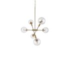 Modern chandelier with six hammered glass globe bulbs and a brushed brass angular frame.