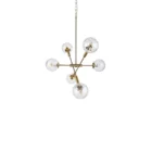 Modern chandelier with six hammered glass globe bulbs and a brushed brass angular frame.