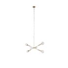 Modern chandelier with six hammered glass globe bulbs and a brushed brass angular frame.