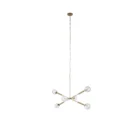 Modern chandelier with six hammered glass globe bulbs and a brushed brass angular frame.