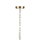 Modern chandelier with six hammered glass globe bulbs and a brushed brass angular frame.