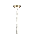 Modern chandelier with six hammered glass globe bulbs and a brushed brass angular frame.
