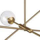 Modern chandelier with six hammered glass globe bulbs and a brushed brass angular frame.