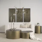 Modern chandelier with six hammered glass globe bulbs and a brushed brass angular frame.
