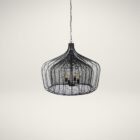 Black metal wire-frame chandelier with a curved silhouette and exposed four-bulb candelabra fixture inside.