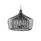 Black metal wire-frame chandelier with a curved silhouette and exposed four-bulb candelabra fixture inside.