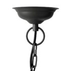 Black metal wire-frame chandelier with a curved silhouette and exposed four-bulb candelabra fixture inside.