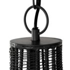 Black metal wire-frame chandelier with a curved silhouette and exposed four-bulb candelabra fixture inside.