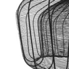 Black metal wire-frame chandelier with a curved silhouette and exposed four-bulb candelabra fixture inside.