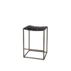 Minimalist counter-height stool with dark woven leather seat and slender black metal frame.