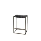 Minimalist counter-height stool with dark woven leather seat and slender black metal frame.