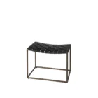 Modern ottoman with black woven leather seat and brass-finished metal frame.