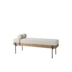 Mercana Colburne bench with beige cushion, natural wood base, and black metal legs, featuring a strapped bolster pillow.