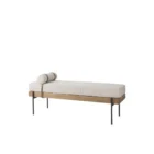Mercana Colburne bench with beige cushion, natural wood base, and black metal legs, featuring a strapped bolster pillow.