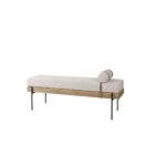 Mercana Colburne bench with beige cushion, natural wood base, and black metal legs, featuring a strapped bolster pillow.