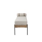 Mercana Colburne bench with beige cushion, natural wood base, and black metal legs, featuring a strapped bolster pillow.