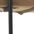 Mercana Colburne bench with beige cushion, natural wood base, and black metal legs, featuring a strapped bolster pillow.