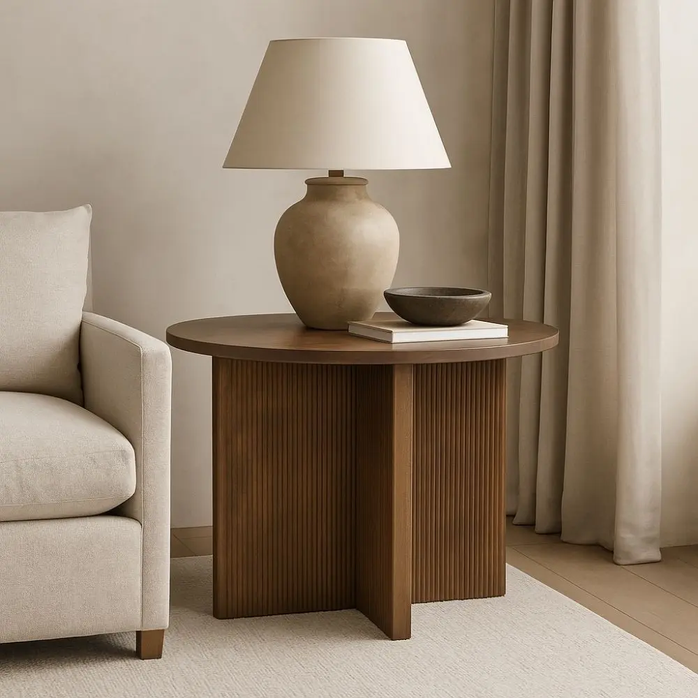 Round wooden accent table with ribbed fluted base and rich walnut finish.