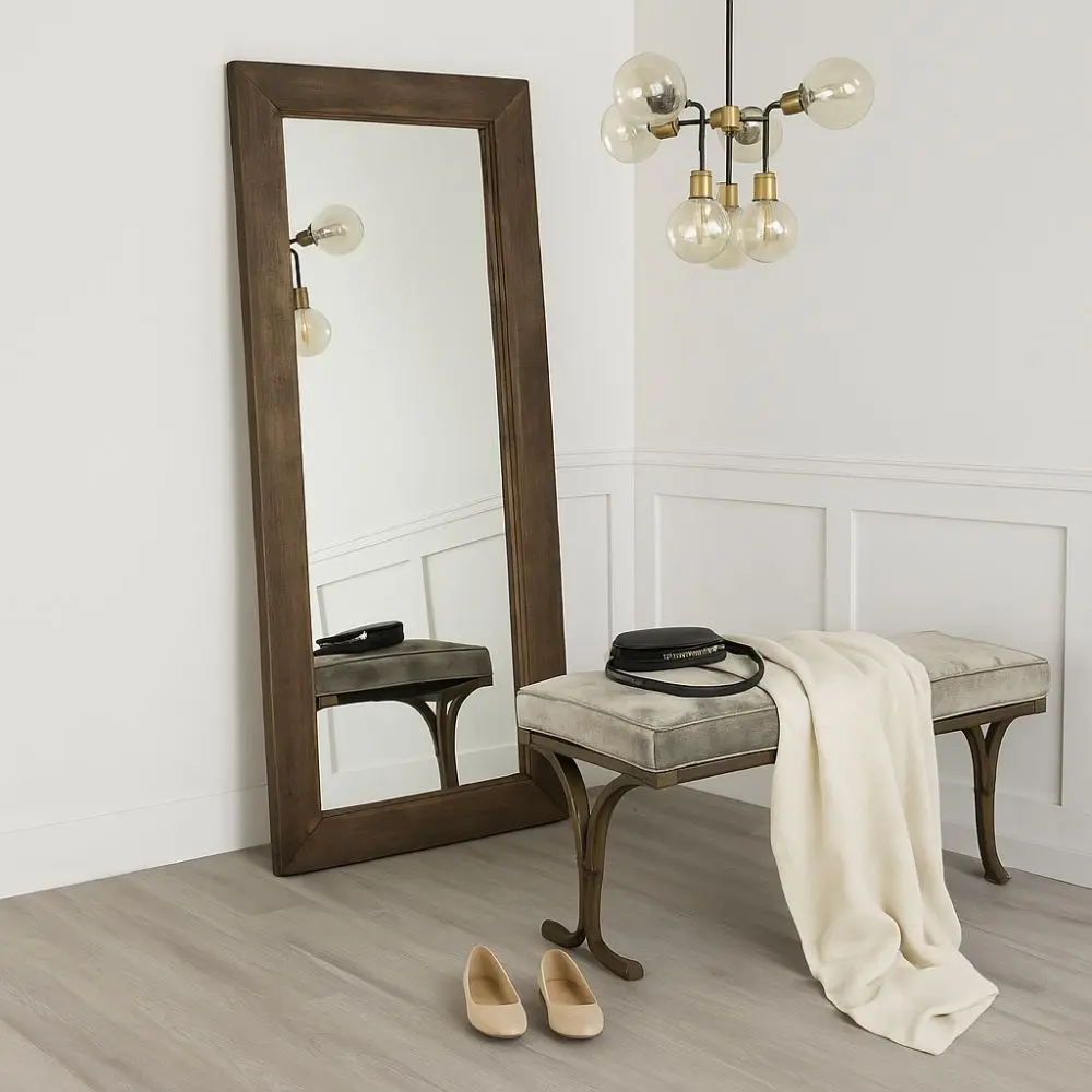 Rustic full-length mirror with thick reclaimed wood frame in a dark natural finish.