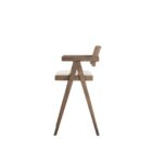 Mid-century style wooden bar stool with cane backrest, beige fabric seat, and angled frame.