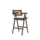Mid-century style wooden bar stool with cane backrest, beige fabric seat, and angled frame.