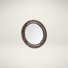 Round wall mirror with mixed wood and metal frame in industrial black and natural finish.