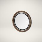 Round wall mirror with mixed wood and metal frame in industrial black and natural finish.