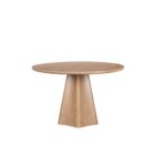 Round natural wood dining table with sculptural pedestal base.