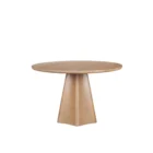 Round natural wood dining table with sculptural pedestal base.