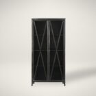 Tall black metal cabinet with double glass doors and X-brace detailing.