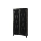 Tall black metal cabinet with double glass doors and X-brace detailing.