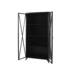 Tall black metal cabinet with double glass doors and X-brace detailing.