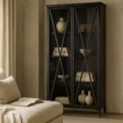 Tall black metal cabinet with double glass doors and X-brace detailing.