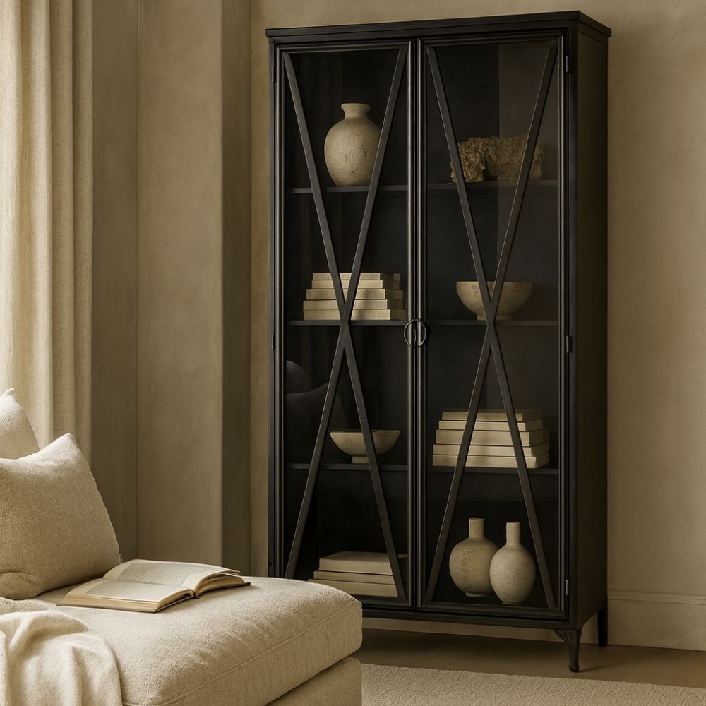 Tall black metal cabinet with double glass doors and X-brace detailing.