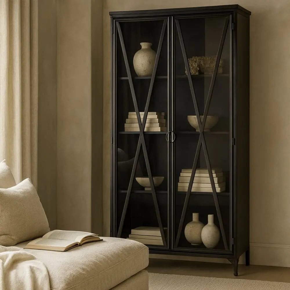 Tall black metal cabinet with double glass doors and X-brace detailing.