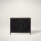 Black metal accent cabinet with glass double doors featuring crisscross design and interior shelving.