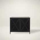 Black metal accent cabinet with glass double doors featuring crisscross design and interior shelving.