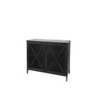 Black metal accent cabinet with glass double doors featuring crisscross design and interior shelving.