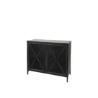 Black metal accent cabinet with glass double doors featuring crisscross design and interior shelving.