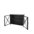 Black metal accent cabinet with glass double doors featuring crisscross design and interior shelving.