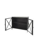 Black metal accent cabinet with glass double doors featuring crisscross design and interior shelving.
