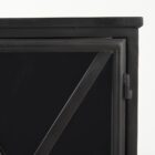Black metal accent cabinet with glass double doors featuring crisscross design and interior shelving.