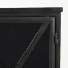 Black metal accent cabinet with glass double doors featuring crisscross design and interior shelving.