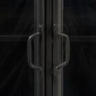 Black metal accent cabinet with glass double doors featuring crisscross design and interior shelving.
