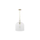 Clear glass dome pendant light with brass accents and exposed bulb.