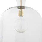 Clear glass dome pendant light with brass accents and exposed bulb.