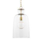 Tall clear glass pendant light with gold metal hardware and a single exposed bulb, suspended from a matching gold chain.