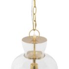Tall clear glass pendant light with gold metal hardware and a single exposed bulb, suspended from a matching gold chain.