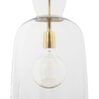 Tall clear glass pendant light with gold metal hardware and a single exposed bulb, suspended from a matching gold chain.